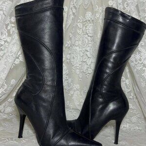 Black leather stiletto heel punk mid calf boots